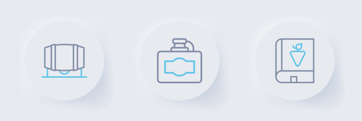 Fototapeta premium Set line Book about grapes, Cardboard box of wine and Wooden barrel for icon. Vector