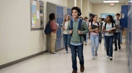 Fototapeta premium Mixed race boy wearing noise canceling headphones in busy school hallway. Smiling diverse student with backpack walking past lockers