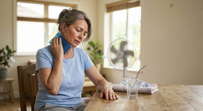 Middle aged woman holding a cold compress to her neck. Overheated female cooling down with ice pack and water during summer heatwave