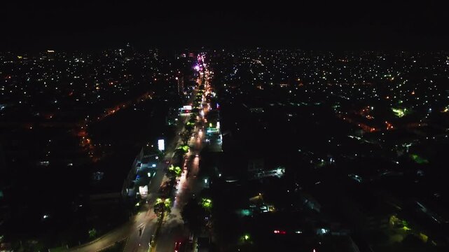 Aerial Night View of Makassar City Lights in South Sulawesi