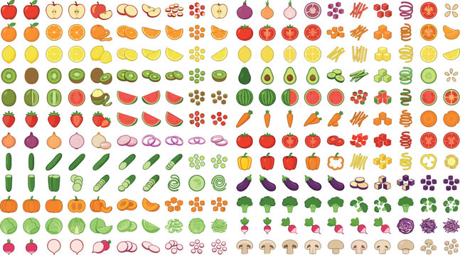 Fresh Fruits and Vegetables Slices Icon Set Featuring Whole and Chopped Organic Agriculture Food Ingredients Organized by Color Row for Healthy Cooking Vector Designs