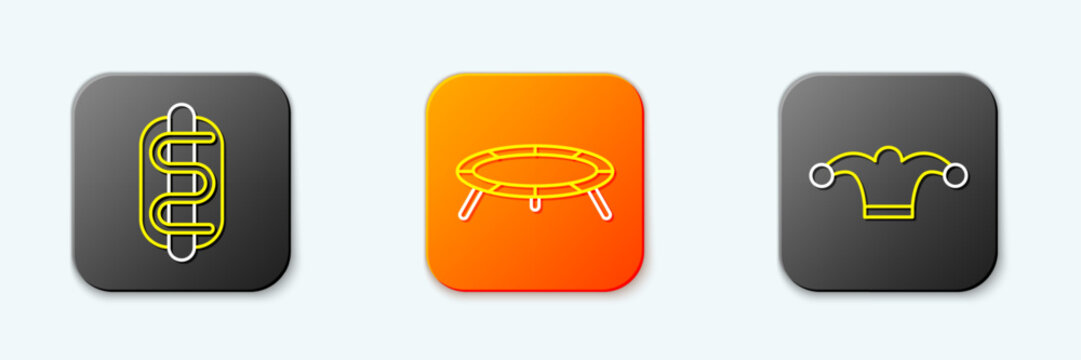 Set line Hotdog sandwich, Jumping trampoline and Jester hat with bells icon. Vector