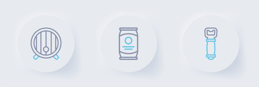 Set line Bottle opener, Beer can and Wooden barrel icon. Vector