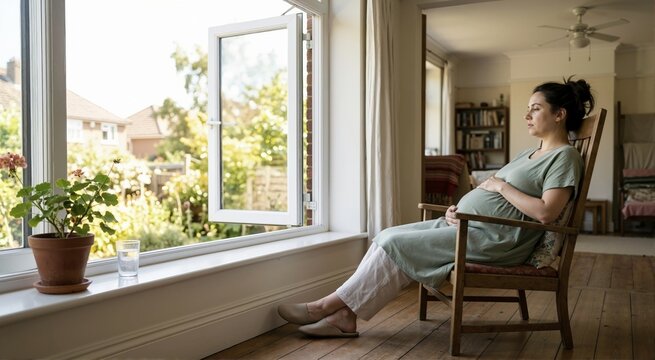 Tired pregnant woman sitting by an open window trying to cool down. Exhausted expecting mother resting on a hot summer day. Heatwave concept