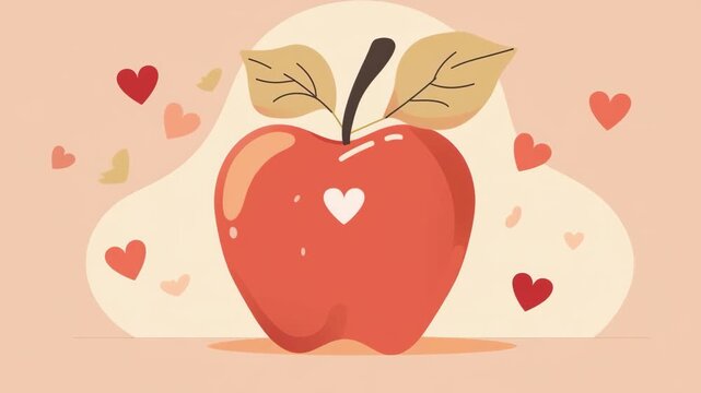 Sweet flat illustration of a red apple surrounded by floating hearts on a warm beige background symbolizing healthy eating and love for fruit