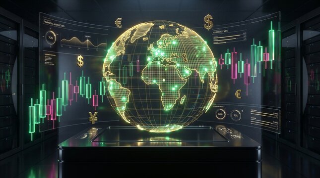 Futuristic digital globe displays real-time financial analytics and stock market candlestick charts in a high-tech data center environment.