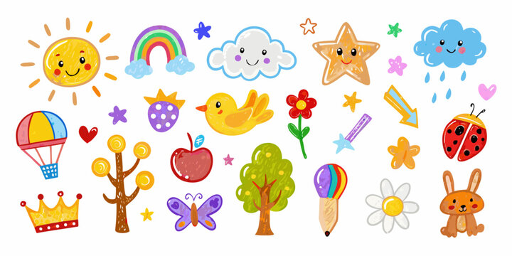 Colorful doodle illustrations of sun cloud and various objects on white background