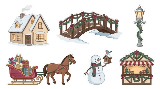 Christmas winter icons set with house, bridge, street lamp, sleigh, horse, snowman and market stall