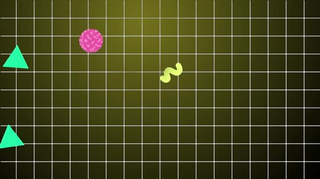 Retro Memphis Style Background Animation with White Grid Lines and Geometric Shapes