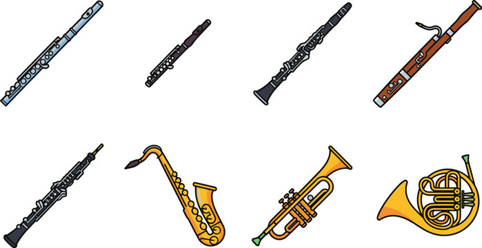 Colorful Woodwind and Brass Musical Instruments Vector Icons Collection for Music Education and Performance