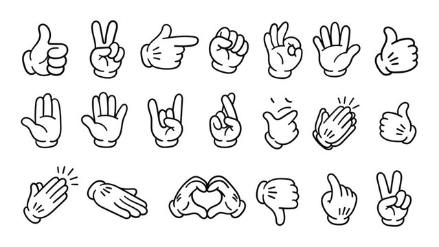 Set of Cartoon Hand Gestures Featuring Various Expressions Including Thumbs Up Victory Sign Pointing Fingers Fist Clapping Heart Shape and More