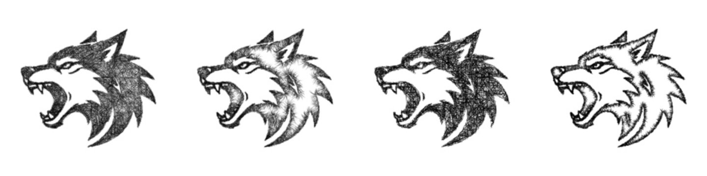 Sketch monochrome wolf growling icon design set