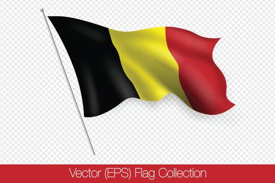 3D realistic black-yellow-red flag of Belgium, vector (EPS) illustration, isolated on transparent background. Flag flutters in the wind, realistic shadows and light
