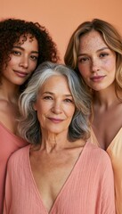 Obraz premium Three diverse women in wellness basics posing confidently against pastel peach backdrop