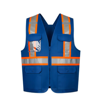 Blue reflective safety vest with orange stripes