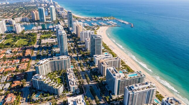 City skyscrapers rise prominently above the sandy coastline and turquoise waters of an urban oceanfront district.
