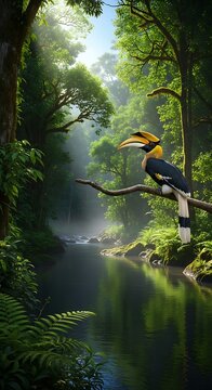 Spider monkey swinging through lush green jungle canopy.