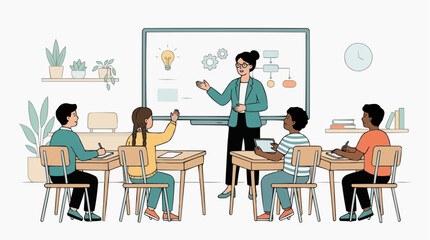Fototapeta premium A minimalist illustration of a teacher standing at the front of a classroom, explaining concepts on a digital whiteboard to a group of diverse students seated at their desks.