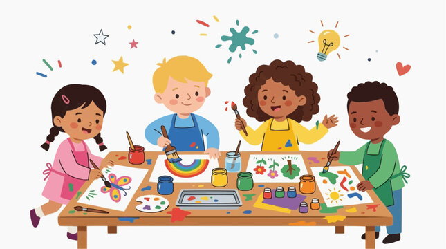 A minimalist illustration of children happily painting at a table, showcasing their colorful creations. 