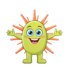 Fototapeta premium Happy green cartoon virus character waving with a friendly smile