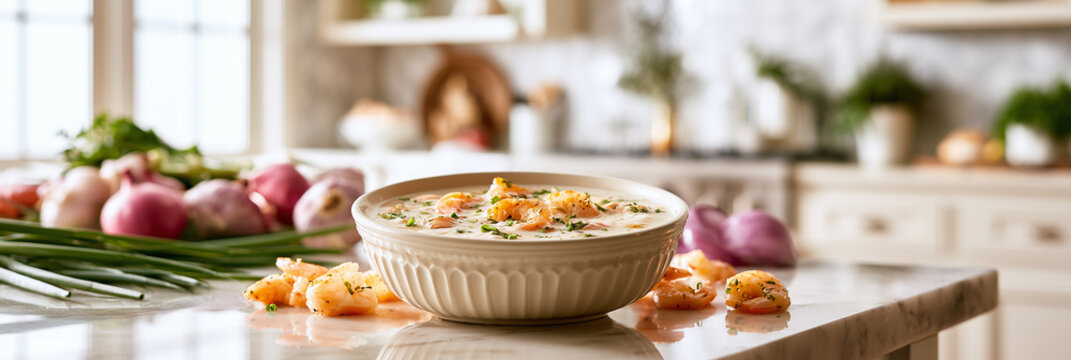 Creamy shrimp bisque soup in ceramic bowl on kitchen counter