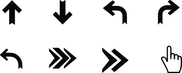 Set of simple black arrow icons including straight up down left right and curved arrows isolated on transparent background © MURSHIDUR RAHMAN