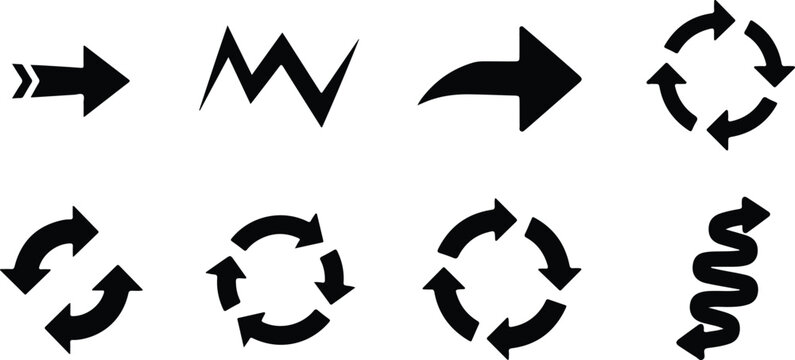 Set of eight different arrow icons showing directions and movement styles isolated on transparent background