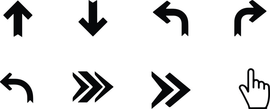 Set of simple black arrow icons including straight up down left right and curved arrows isolated on transparent background