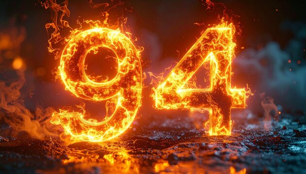 The number ninety-four burns with fiery flames on the ground.