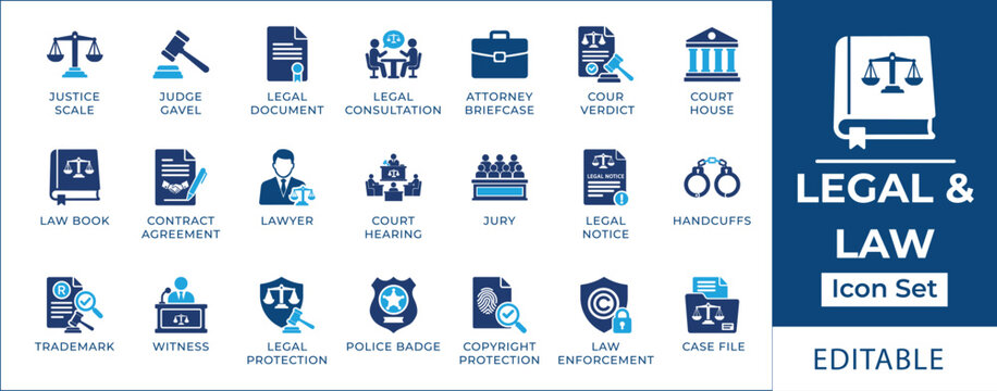 Legal and law icon set featuring scales of justice, courtroom judge gavel, attorney consultation, jury box, copyright protection shield, and criminal justice symbols.