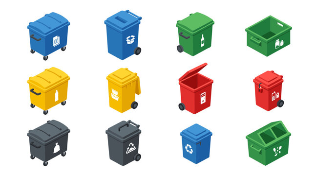 Trash Bins Icon Set with Multiple Colors and Wheel Designs for Waste Management and Recycling Concepts