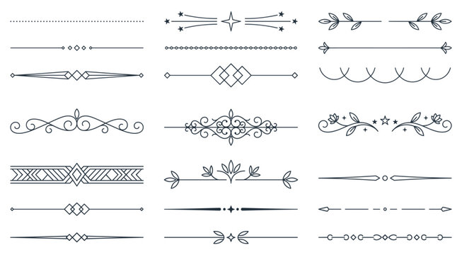 Elegant minimalist divider lines set, decorative borders with stars and dot shapes