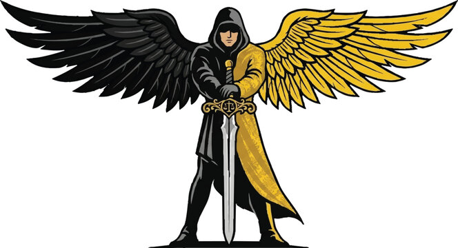 A mystical figure with a sword stands heroically with large black and gold wings spread wide in a dramatic pose outdoors.