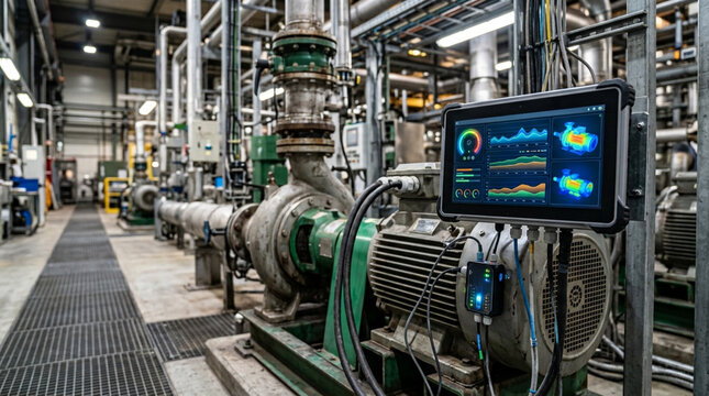 Predictive maintenance tablet monitoring industrial pump vibrations and thermal performance.