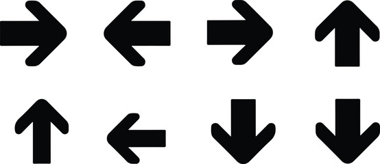 Set of eight simple black directional arrows pointing up down left and right isolated on transparent background © MURSHIDUR RAHMAN