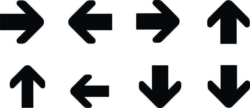 Set of eight simple black directional arrows pointing up down left and right isolated on transparent background