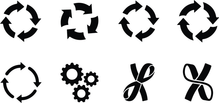 Set of circular arrows and gear icons with crossing lines for design and user interface elements
