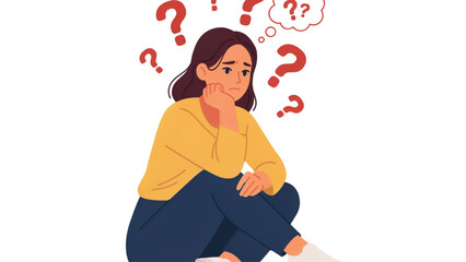 Confused young woman sitting with question marks floating above her head