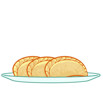 An illustration of traditional Indonesian pancake snacks, Serabi, arranged neatly on a ceramic serving plate. These soft, round rice flour cakes are a popular jajan pasar street food.