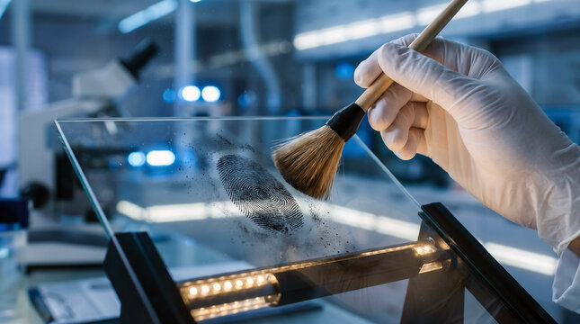 Forensic Fingerprint Dusting with Brush on Glass Surface in Crime Laboratory