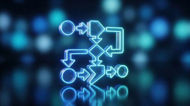 Flowchart Diagram: A neon blue flowchart diagram, representing a process or system, glows against a bokeh background of blurred blue lights.