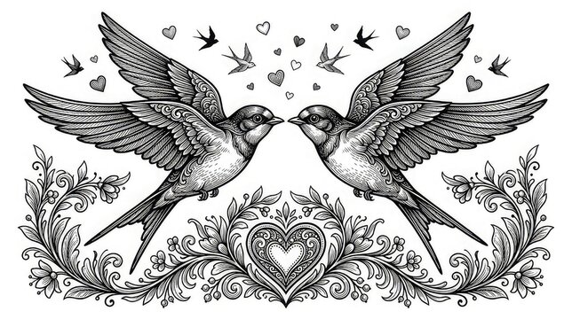 Romantic swallows with heart design for adult coloring book