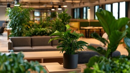Fototapeta premium A bright open concept office lounge featuring natural light and lush greenery designed for modern professional collabo n