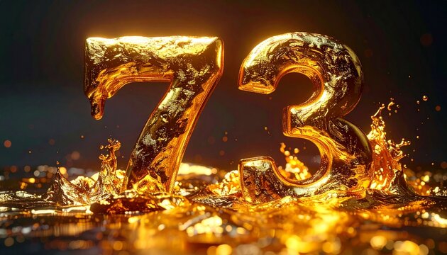 Golden numbers seventy three emerge from a luxurious splash of molten gold in a dark room.