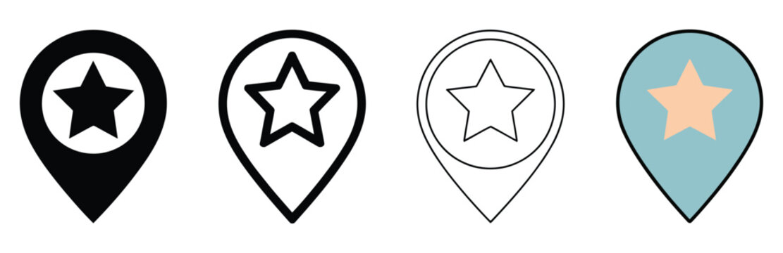 Location pin icon set featuring star symbols inside map markers, navigation pointers, favorite destination signs