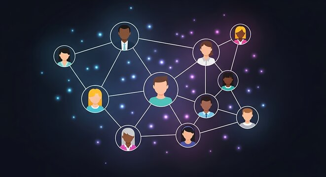 Network of cartoon avatars connected by lines on a dark blue purple gradient background with glowing particles. 