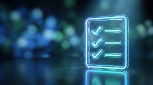 Neon Checklist Interface: A glowing neon checklist icon with three completed tasks against a blurred, bokeh-filled background, symbolizing organization and digital progress.