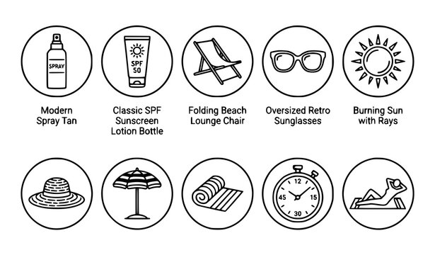 Minimalist sun tanning line icon vector set for beach wellness app