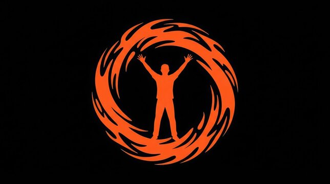 Orange silhouette of a person with arms raised in a circular motion on a black background