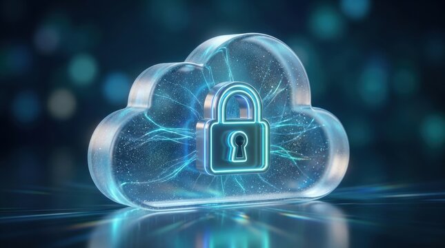Digital Cloud Security: A translucent, glowing cloud icon with a padlock emblem symbolizes secure data storage and protection in the digital realm. Electric blue light emanates from the lock.